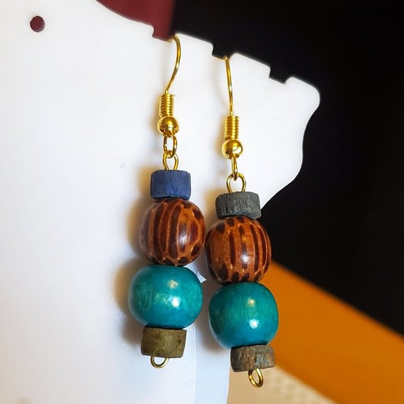 Gold Tone Hook Seed and Wood Bead Dangle Earrings